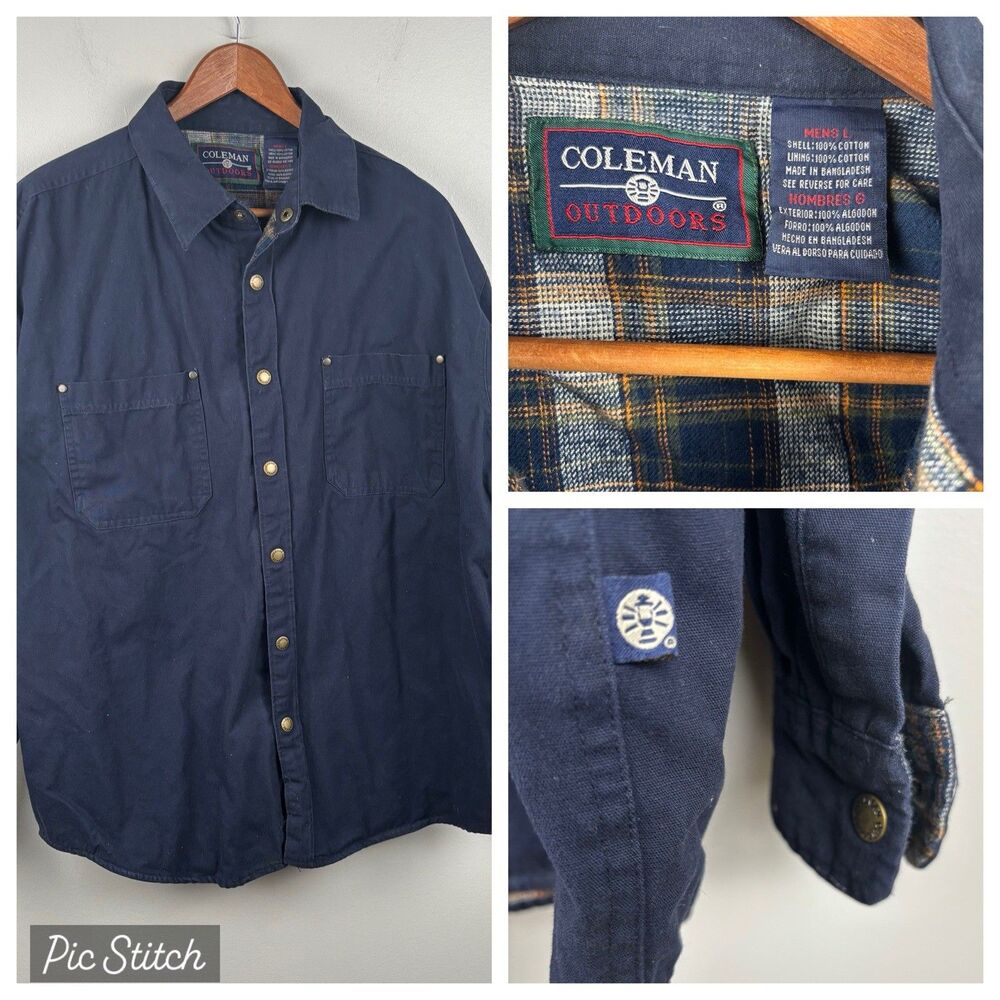 Men's Coleman Blue 100% Cotton LG Pockets Snap Buttons Cotton Outdoors Logo